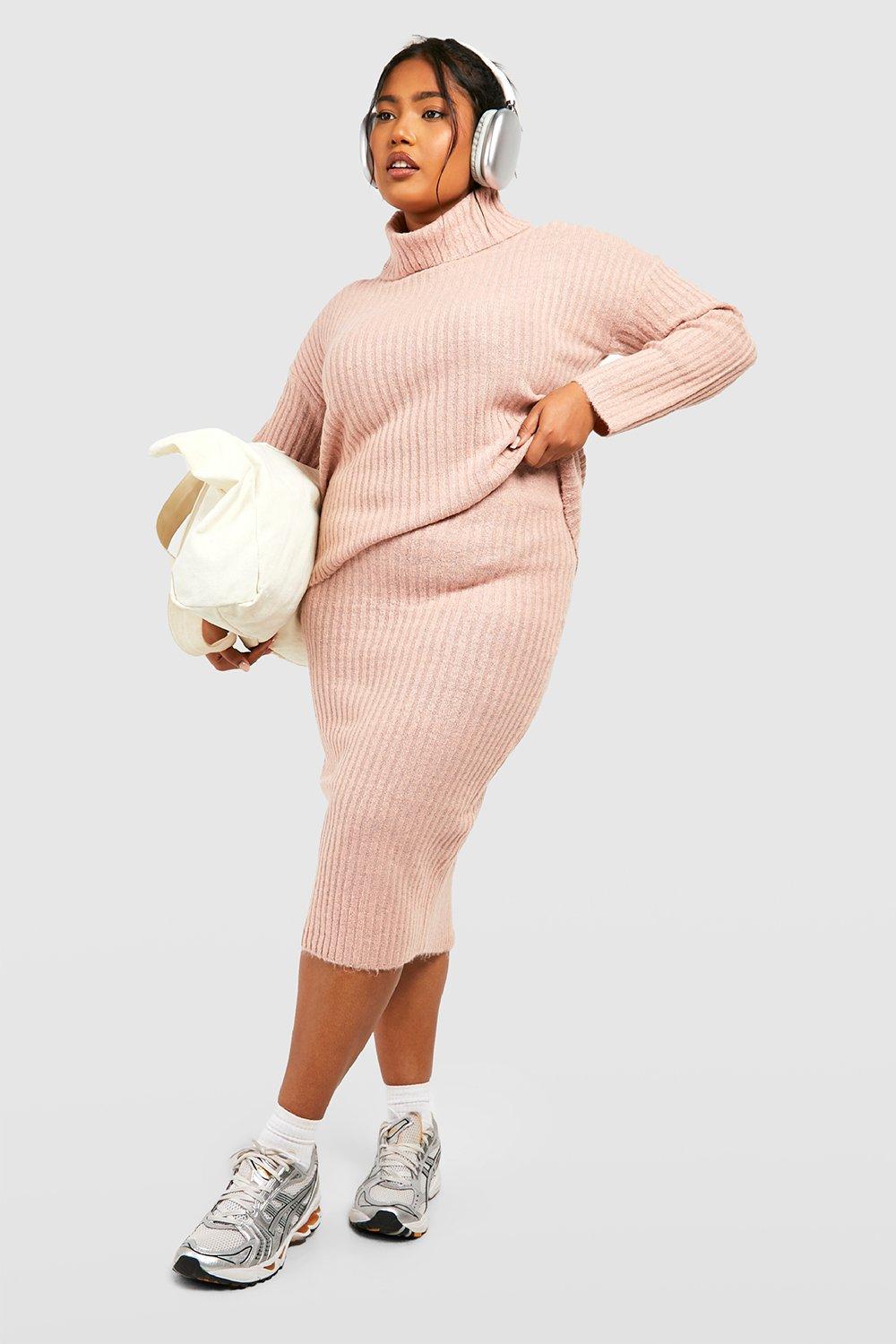 Womens Plus Knitted Midi Skirt And Roll Neck Co-Ord - Pink - 22/24, Pink